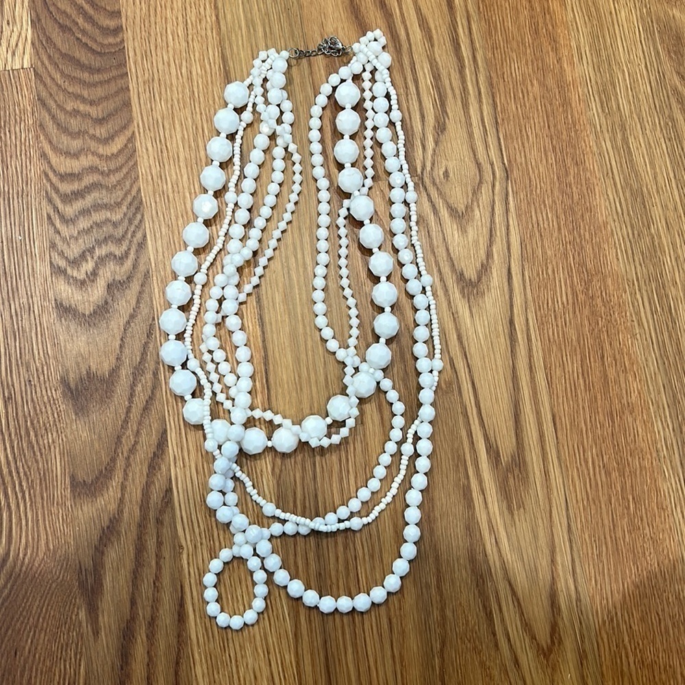 White Multi strand beaded sphere necklace 11”-16”